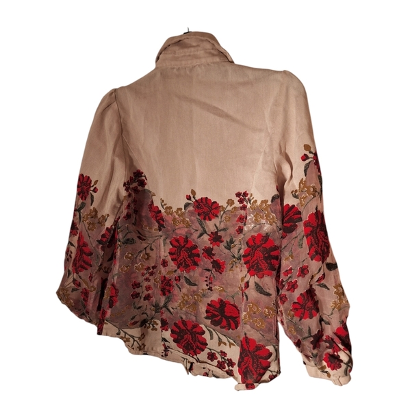 Gorgeous Red Rose Design Long Sleeved Button Down Blouse Sheer Parts Romantic - Picture 5 of 5